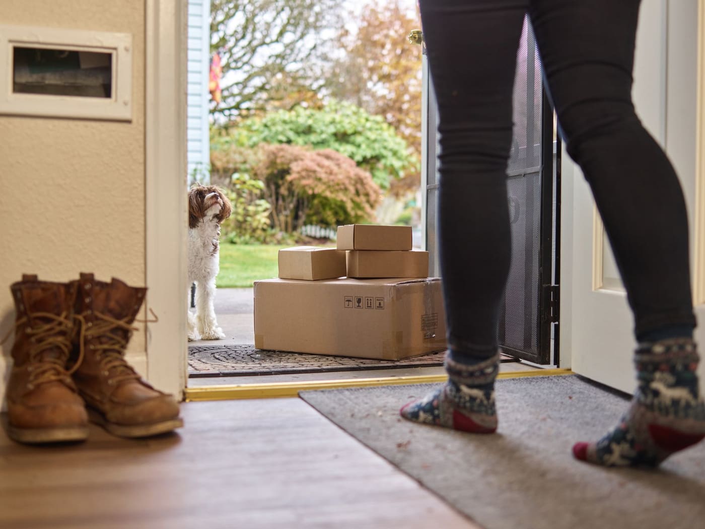 Hiking boots on a mat inside an open door with delivery boxes and a dog waiting outside